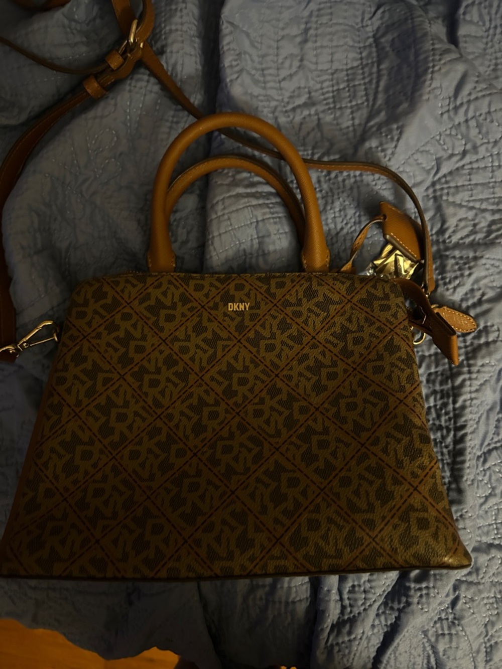 DKNY Monogram Satchel in Dark Brown and Tan